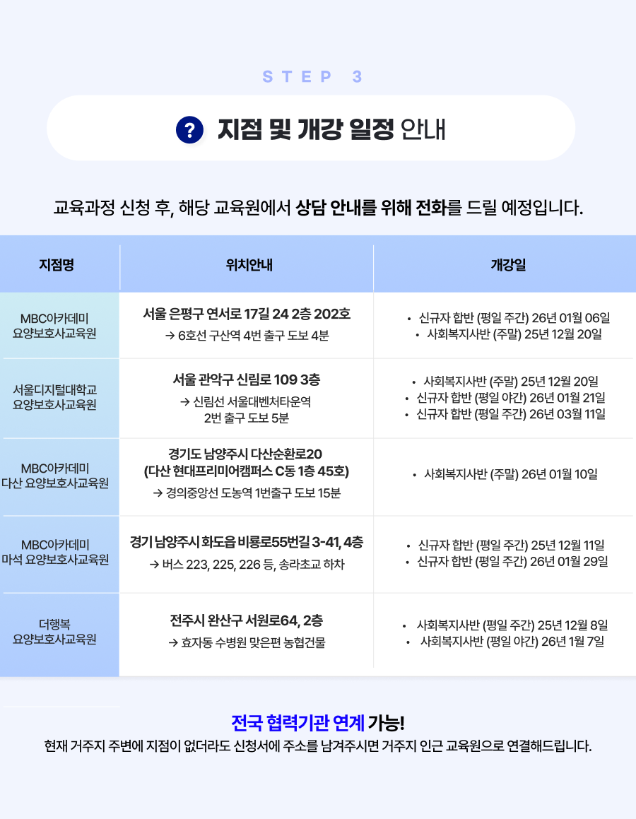 지점 및 개강 일정 안내